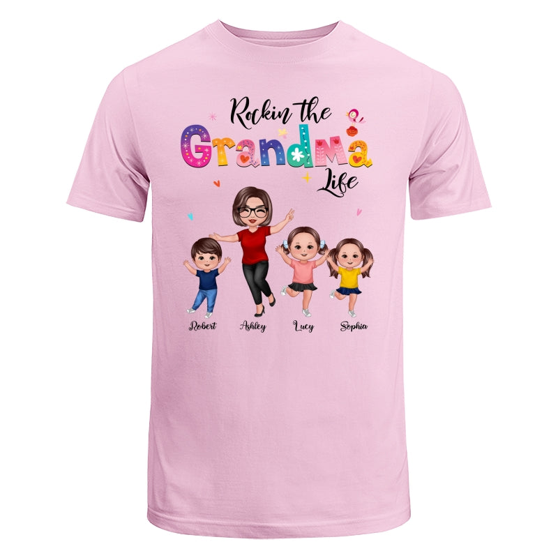 Colorful Floral Pattern Rockin‘ The Grandma Life Happy Doll Grandma & Grandkids Personalized Shirt