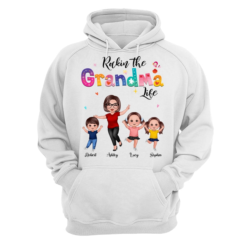 Colorful Floral Pattern Rockin‘ The Grandma Life Happy Doll Grandma & Grandkids Personalized Shirt