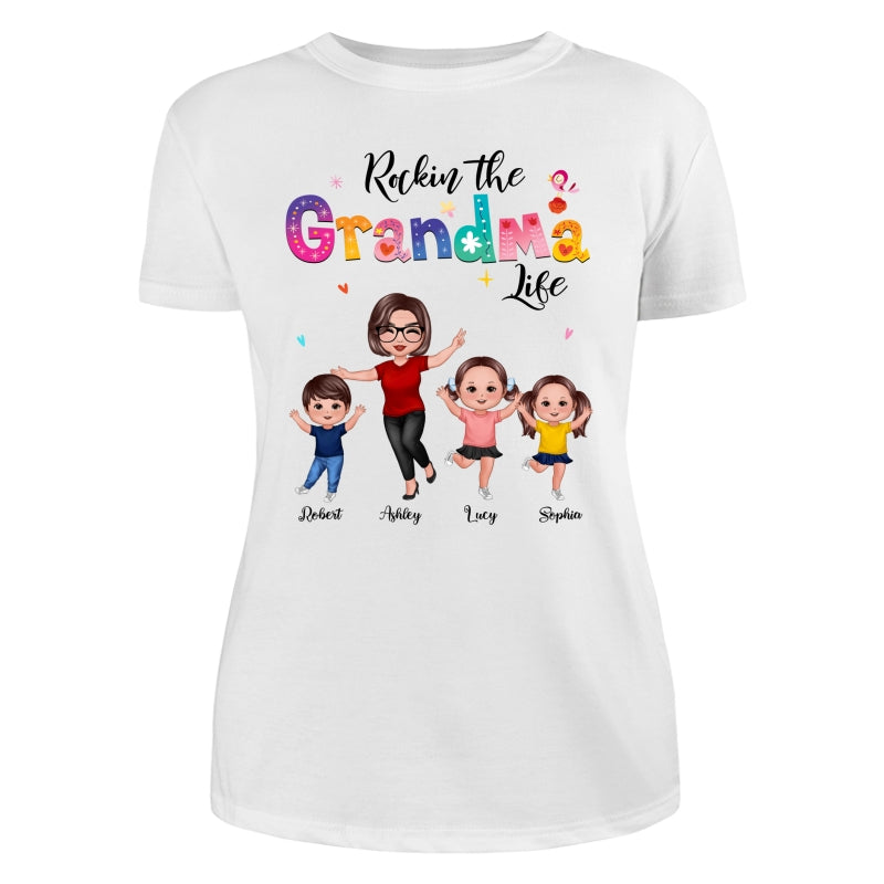 Colorful Floral Pattern Rockin‘ The Grandma Life Happy Doll Grandma & Grandkids Personalized Shirt