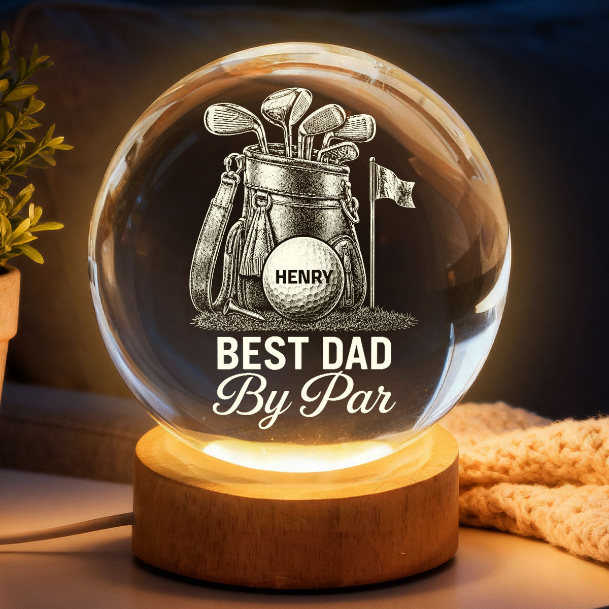 Best Dad By Par Golf Dad - Personalized Crystal Ball LED Night Light - Gift For Dad, Golf Lover