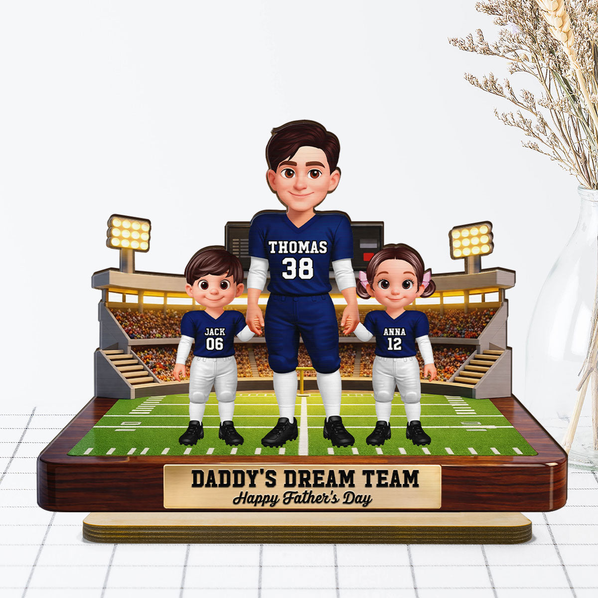American Football Dad And Kids - Personalized 2-Layered Wooden Plaque - Gift For Dad