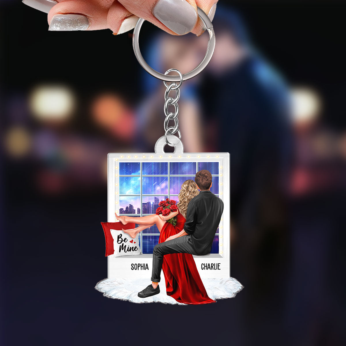 Embracing Couples On Window Personalized Acrylic Keychain, Gift, Anniversary Gift for Couples