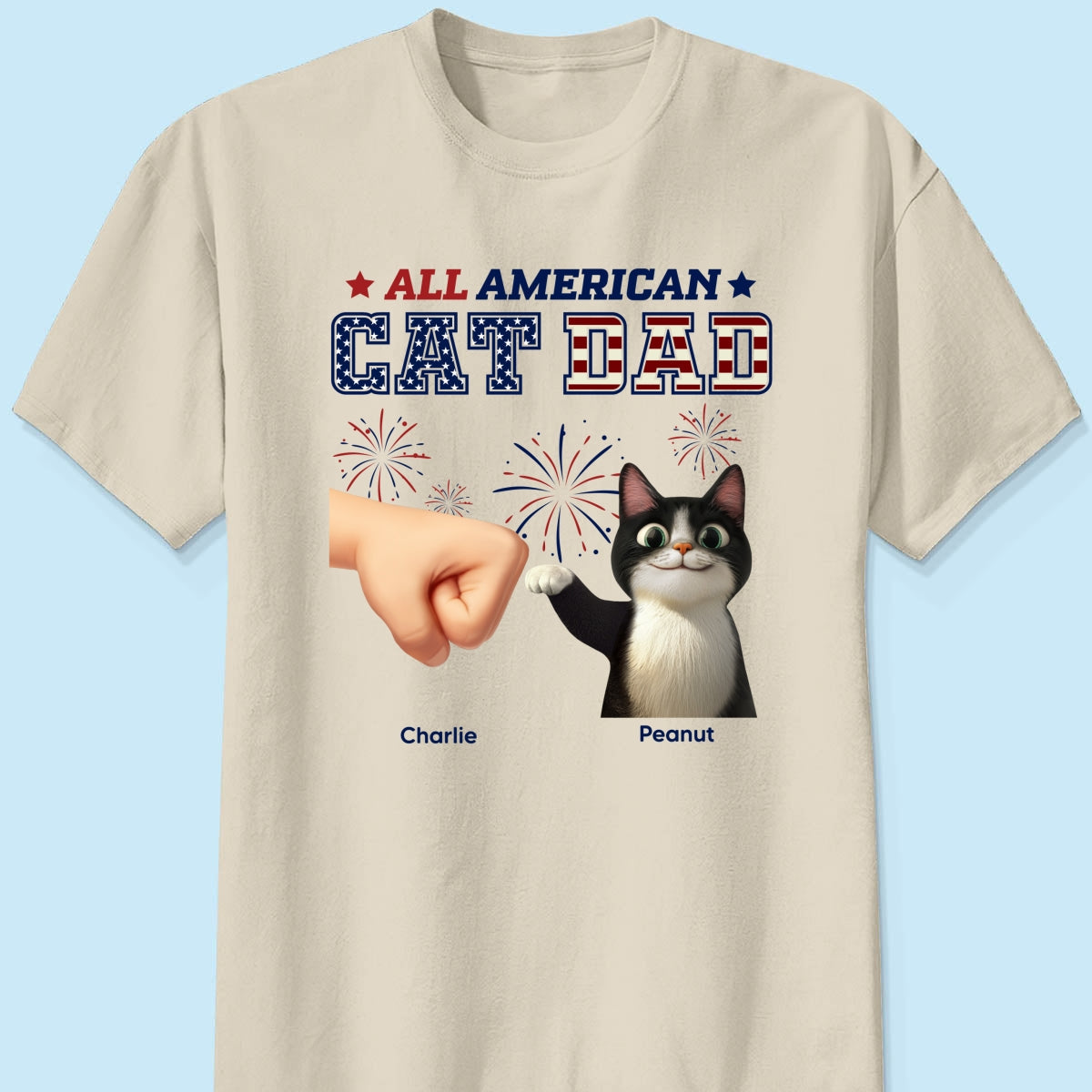 All American Cat Dad Cat Mom Cartoon Cat Punch Hand Personalized Shirt, 4th of July Independence Day Celebration