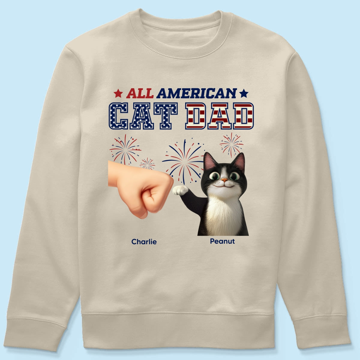 All American Cat Dad Cat Mom Cartoon Cat Punch Hand Personalized Shirt, 4th of July Independence Day Celebration