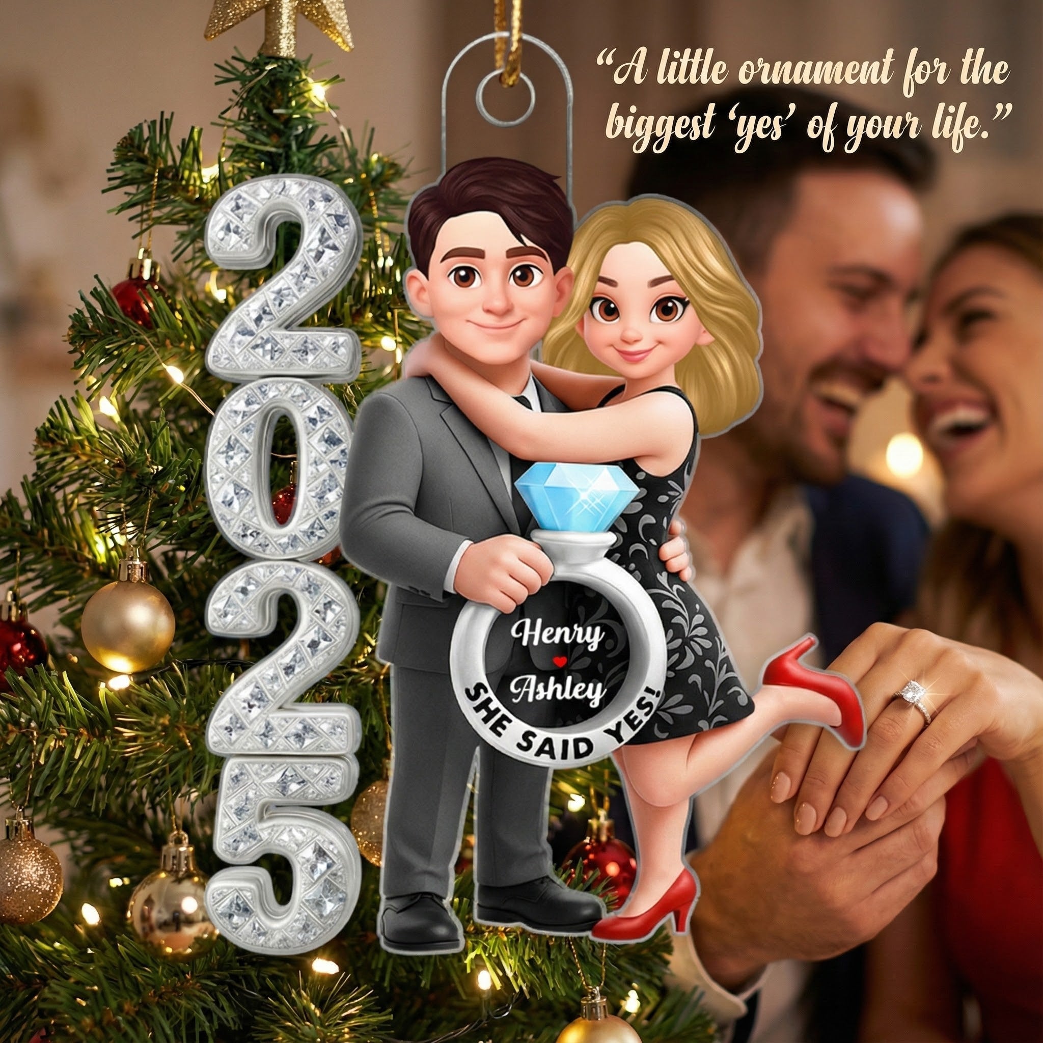 3D Crystal Effect Marriage Proposal Couple - Personalized Acrylic Ornament - Newly Engaged Gift, ""She Said Yes!"" Ornament