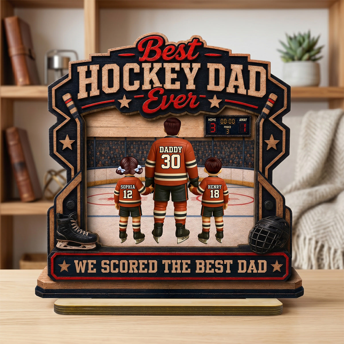 We Scored The Best Dad Hockey Dad & Kids - Personalized 2-Layered Wooden Plaque - Gift For Hockey Dad