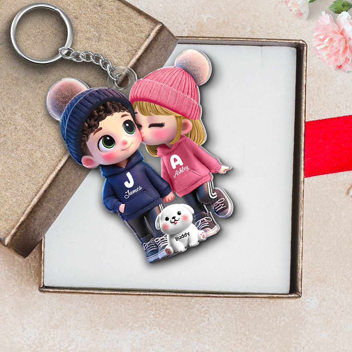 3D Effect Cute Cartoon Couple You Me And The Dog Cat Personalized Acrylic Keychain, Unique Valentine's Day Gift For Him, Gift For Her