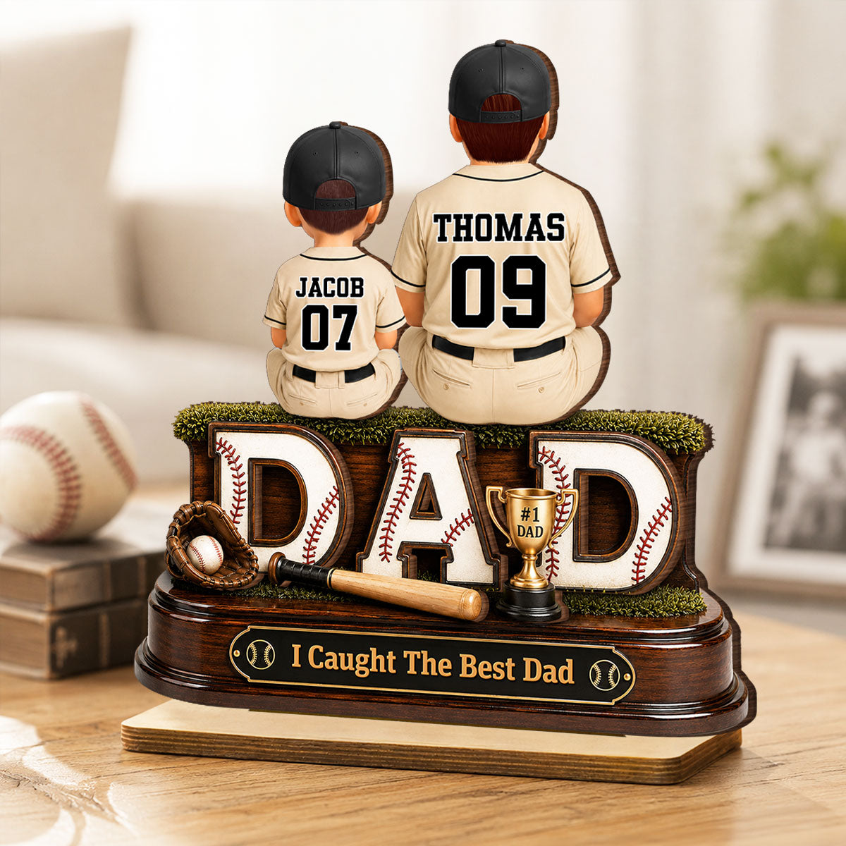 Baseball Dad and Children We Caught the Best Dad - Personalized 2-Layered Wooden Plaque - Gift for Dad, Husband
