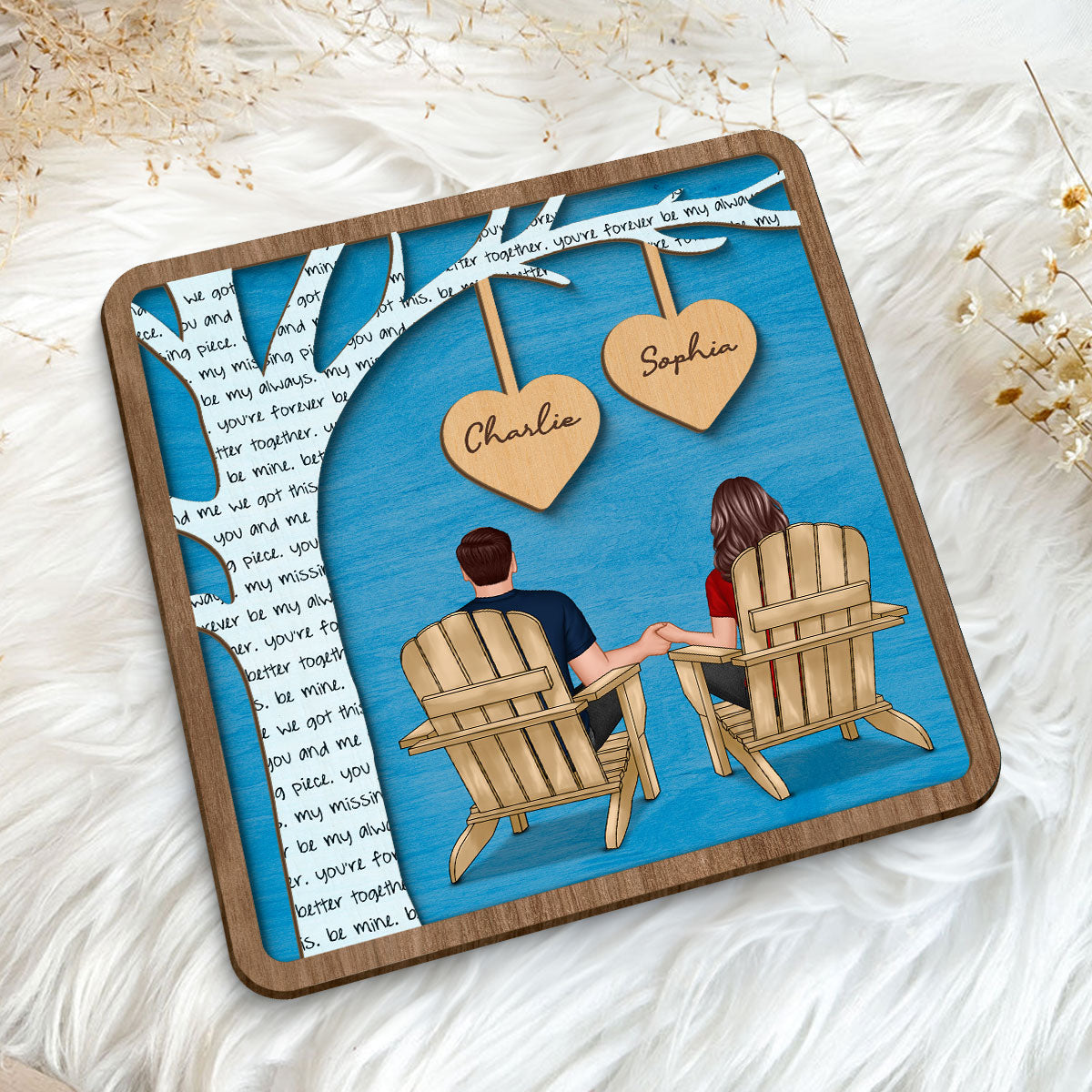 Couple Sitting Back View Under Text Tree Personalized 2-layer Wooden Plaque, Gift For Him, For Her