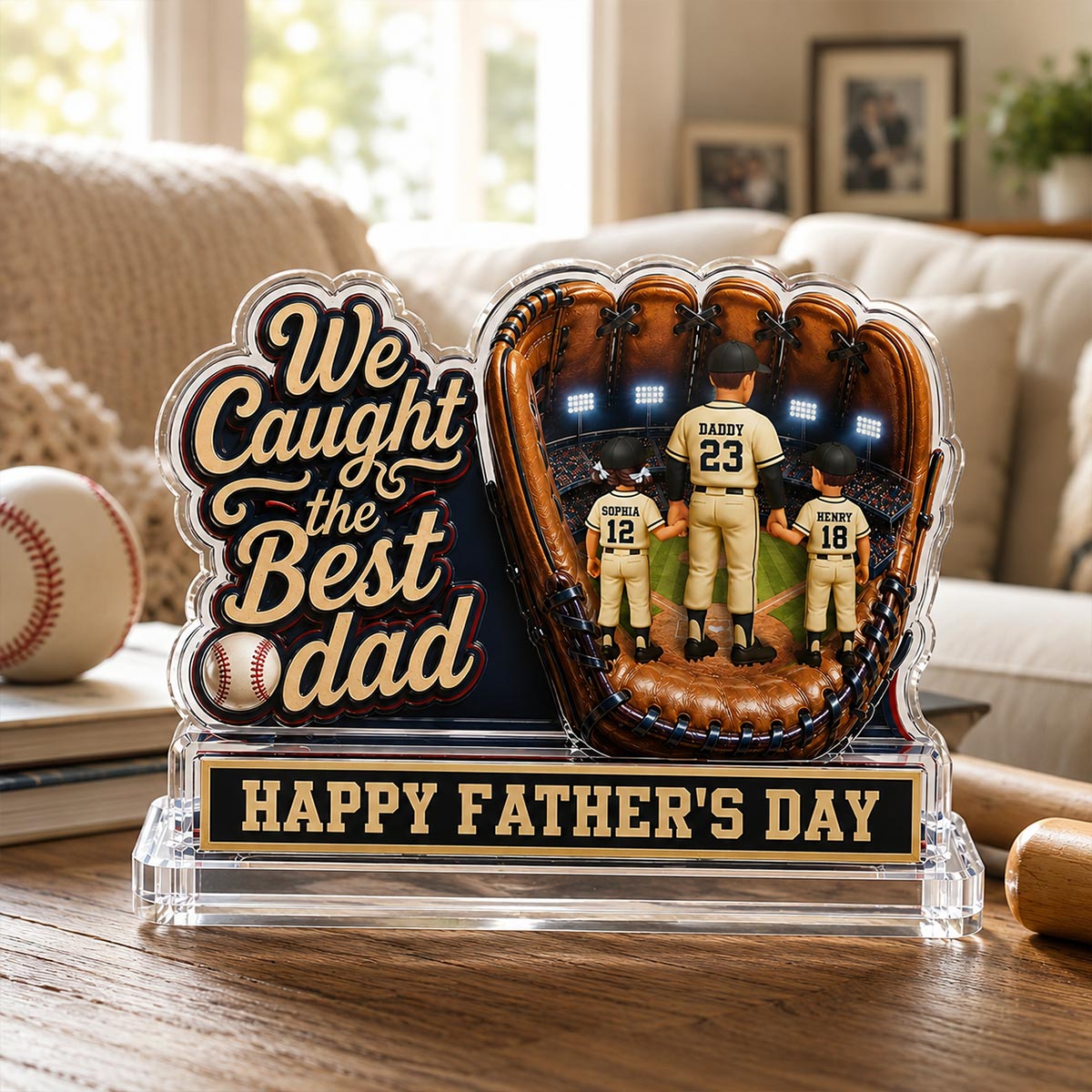 We Caught The Best Dad Dad & Kids In Glove 2D Flat - Personalized Acrylic Block Plaque - Happy For Baseball Dad