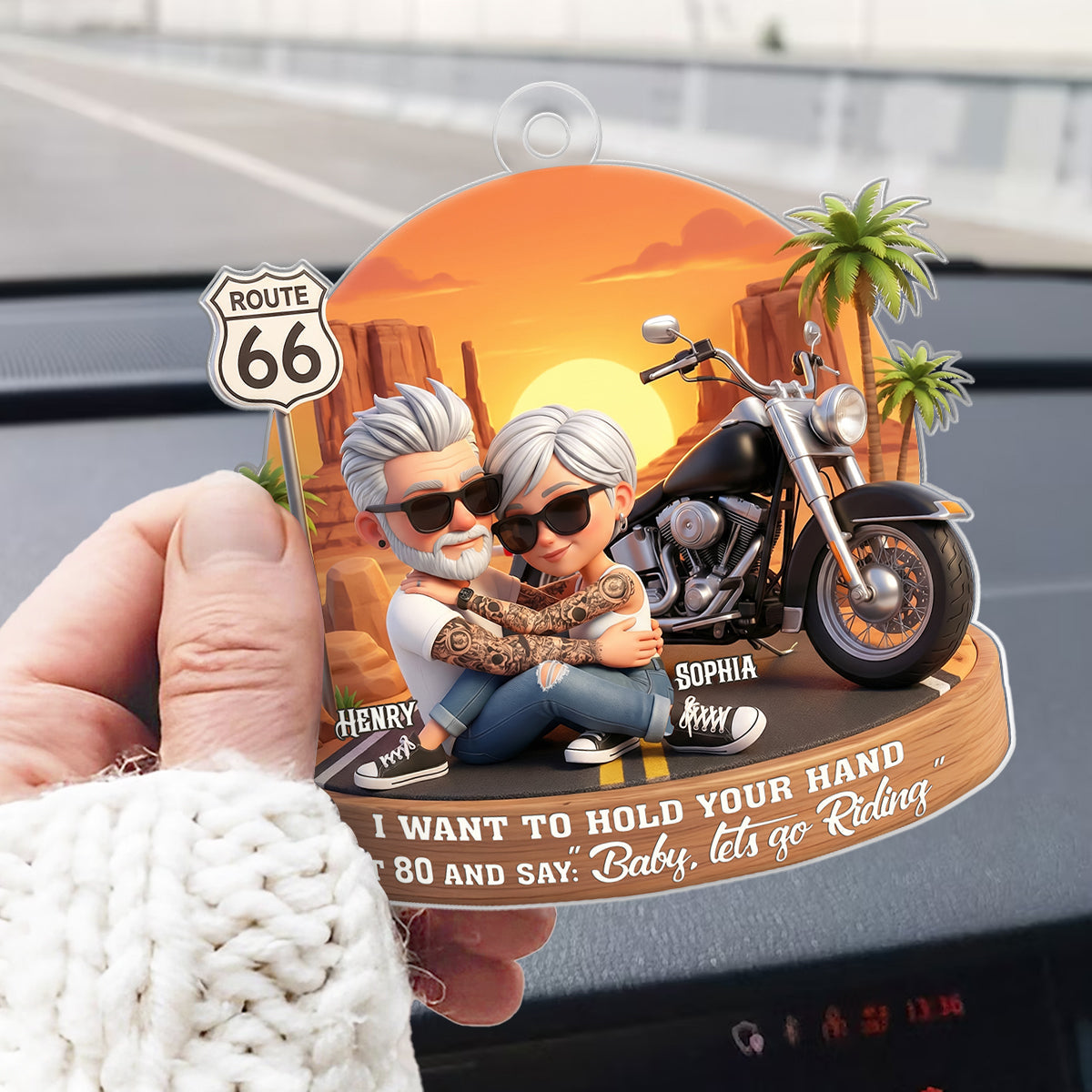 3D Effect Old Couple Baby Let's Go Riding - Personalized Acrylic Car Hanger - Sentimental Gift for him, for her