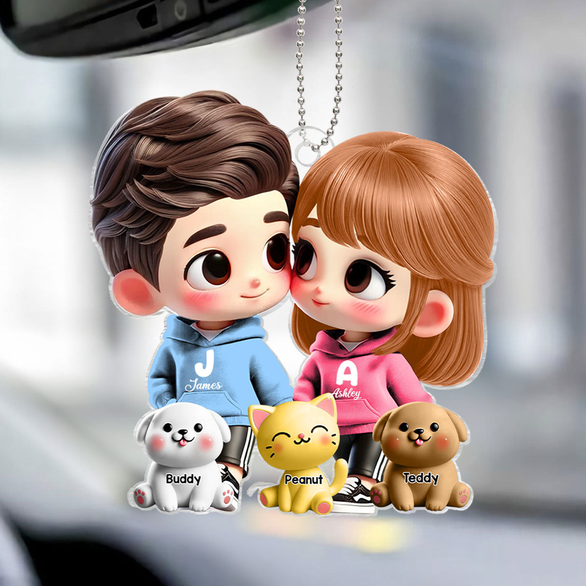 3D Effect Cute Cartoon Couple Holding Hands with Dogs Cats Personalized Acrylic Car Hanger, Anniversary & Gift for him, Gift for her