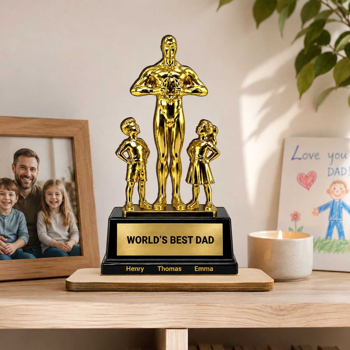 World's Best Dad Trophy - Personalized 2-Layered Wooden Plaque - Gift for Dad, Husband