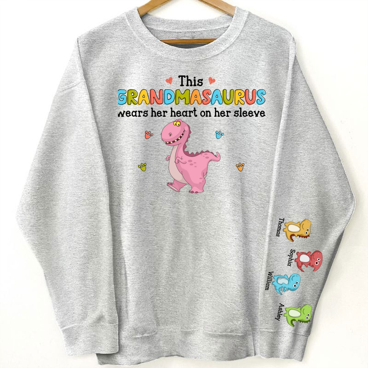 This Grandmasaurus Wears Her Heart On Her Sleeve Personalized Sleeve Printed Sweatshirt