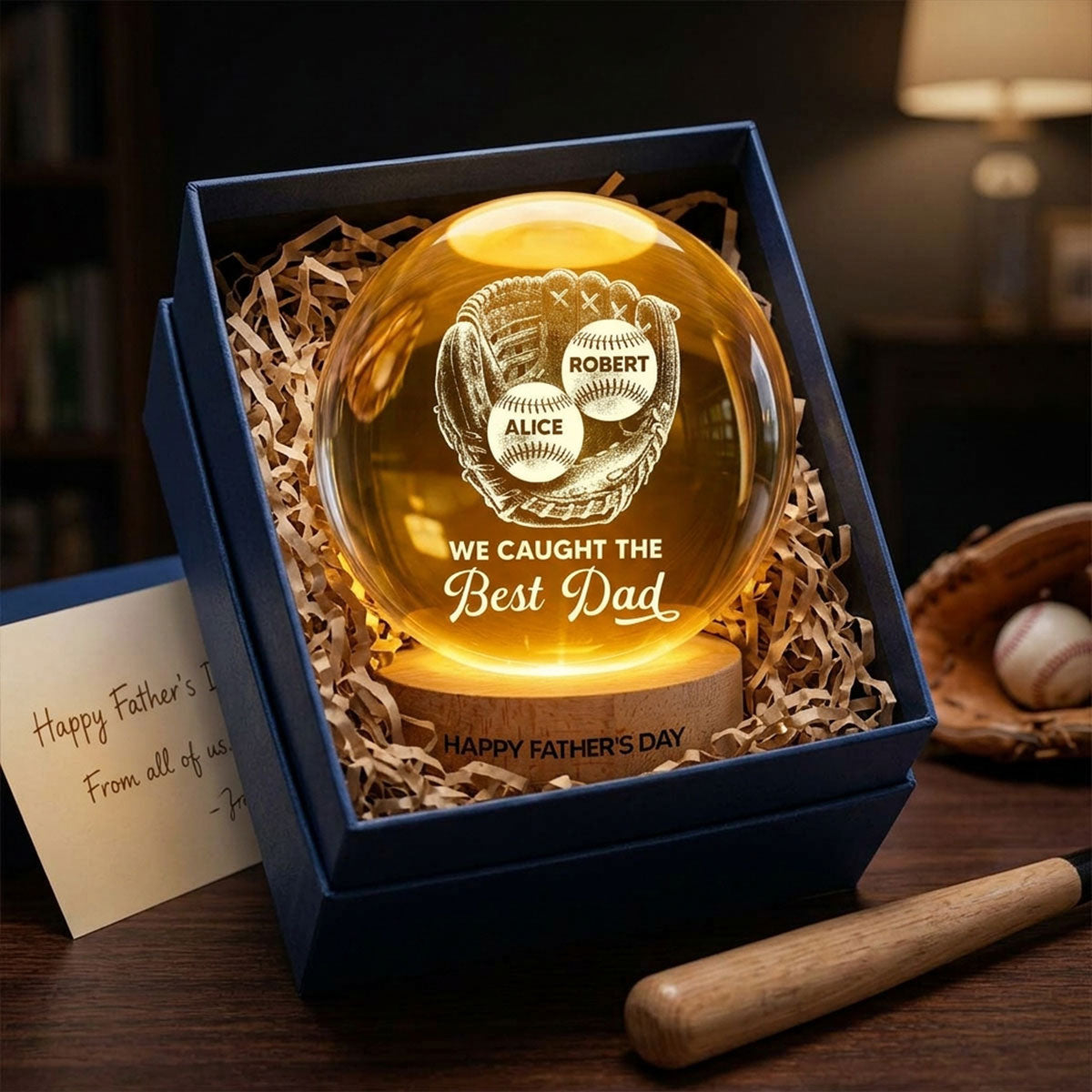 Baseball In Baseball Glove We Caught The Best Dad - Personalized Crystal Ball LED Night Light - Gift For Baseball Dad