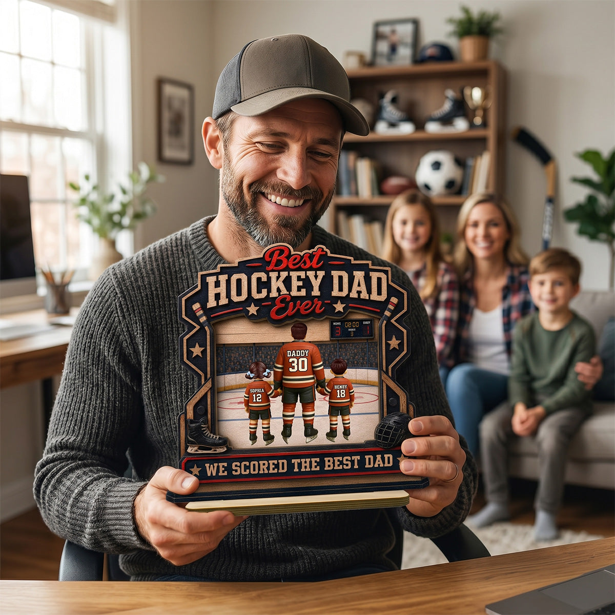 We Scored The Best Dad Hockey Dad & Kids - Personalized 2-Layered Wooden Plaque - Gift For Hockey Dad