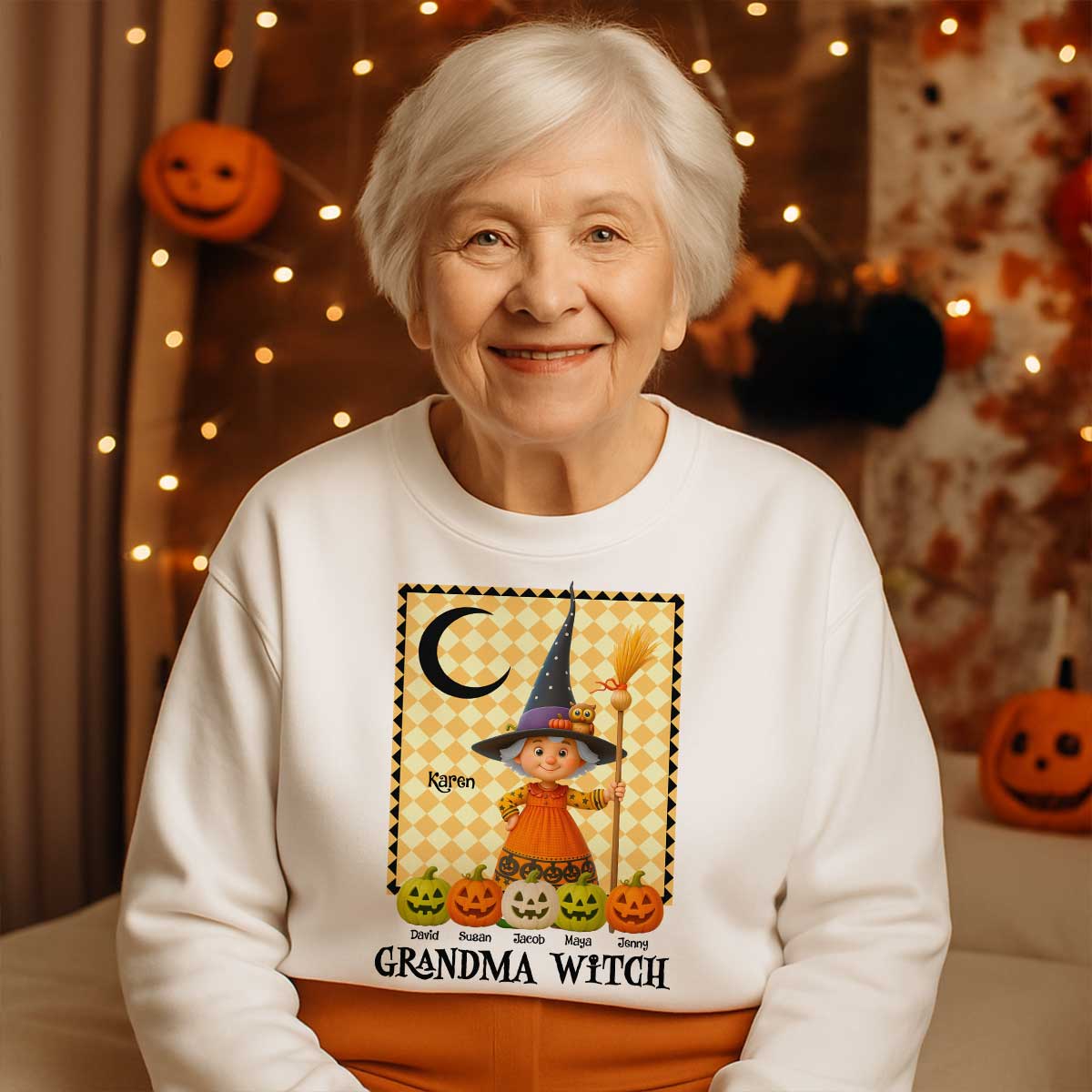 Grandma Witch Pumpkin Personalized Sweatshirt, Halloween Cozy Fall Sweatshirt for Grandma