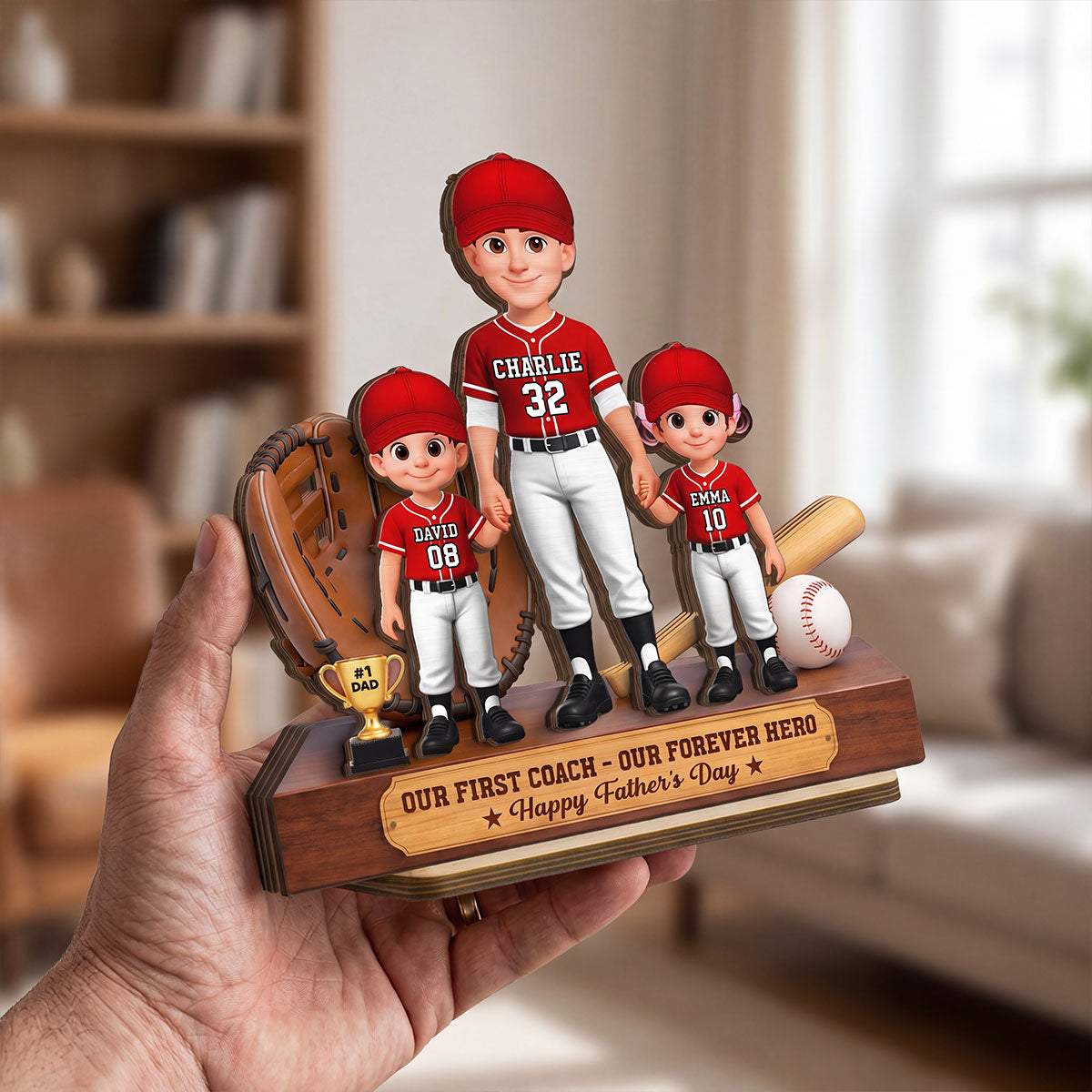 Baseball No.1 Dad We Caught The Best Dad - Personalized 2-Layered Wooden Plaque - Gift For Dad