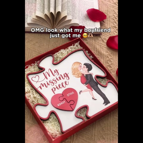 My Missing Piece Couple Hugging Kissing Red Puzzle Shaped Personalized 2-Layer Wooden Plaque, Anniversary Gift, Gift