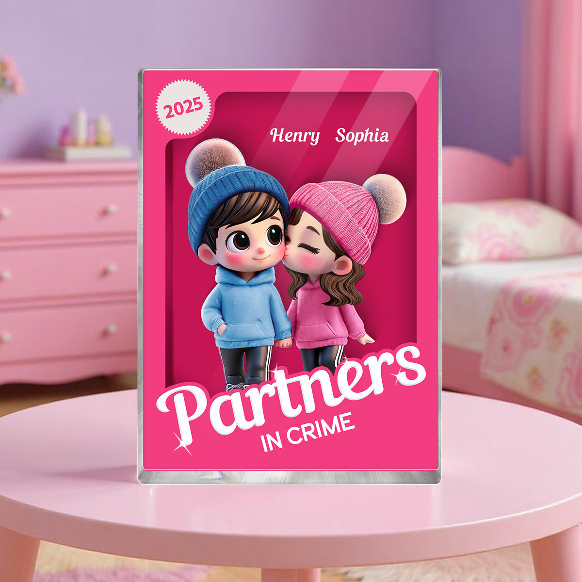 Couple Partners In Crime Pink Toy Box 3D Effect Personalized Acrylic Block