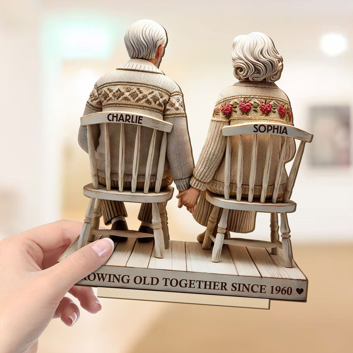 3D Effect Old Couple Holding Hands Sitting Together Personalized Standing Wooden Plaque, Heartfelt Anniversary Gift, Gift For Couple, For Him, For Her, Husband, Wife