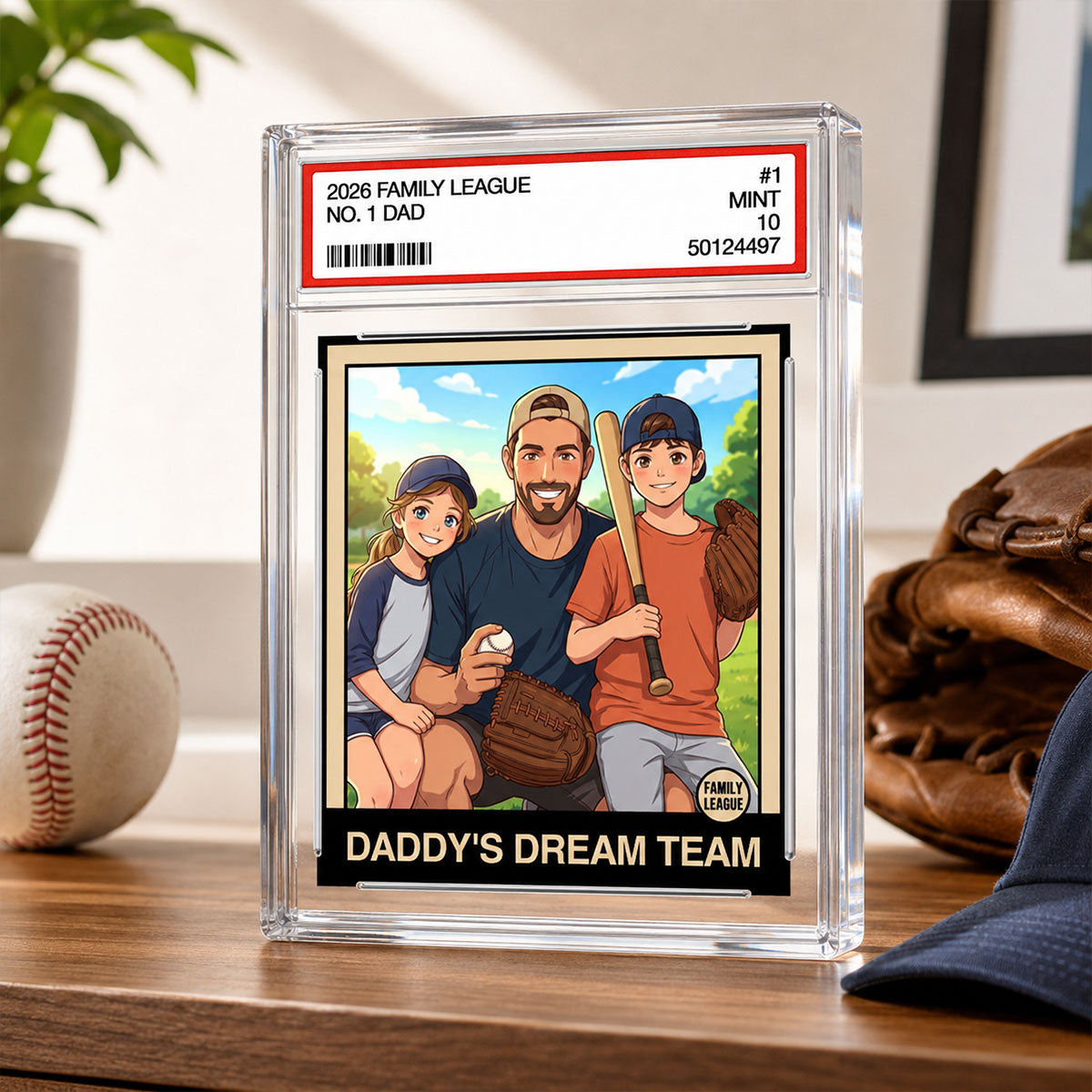Cartoon Style Baseball Daddy's Dream Team Trading Card - Personalized Acrylic Block Plaque - Gift For Baseball Dad, Husband