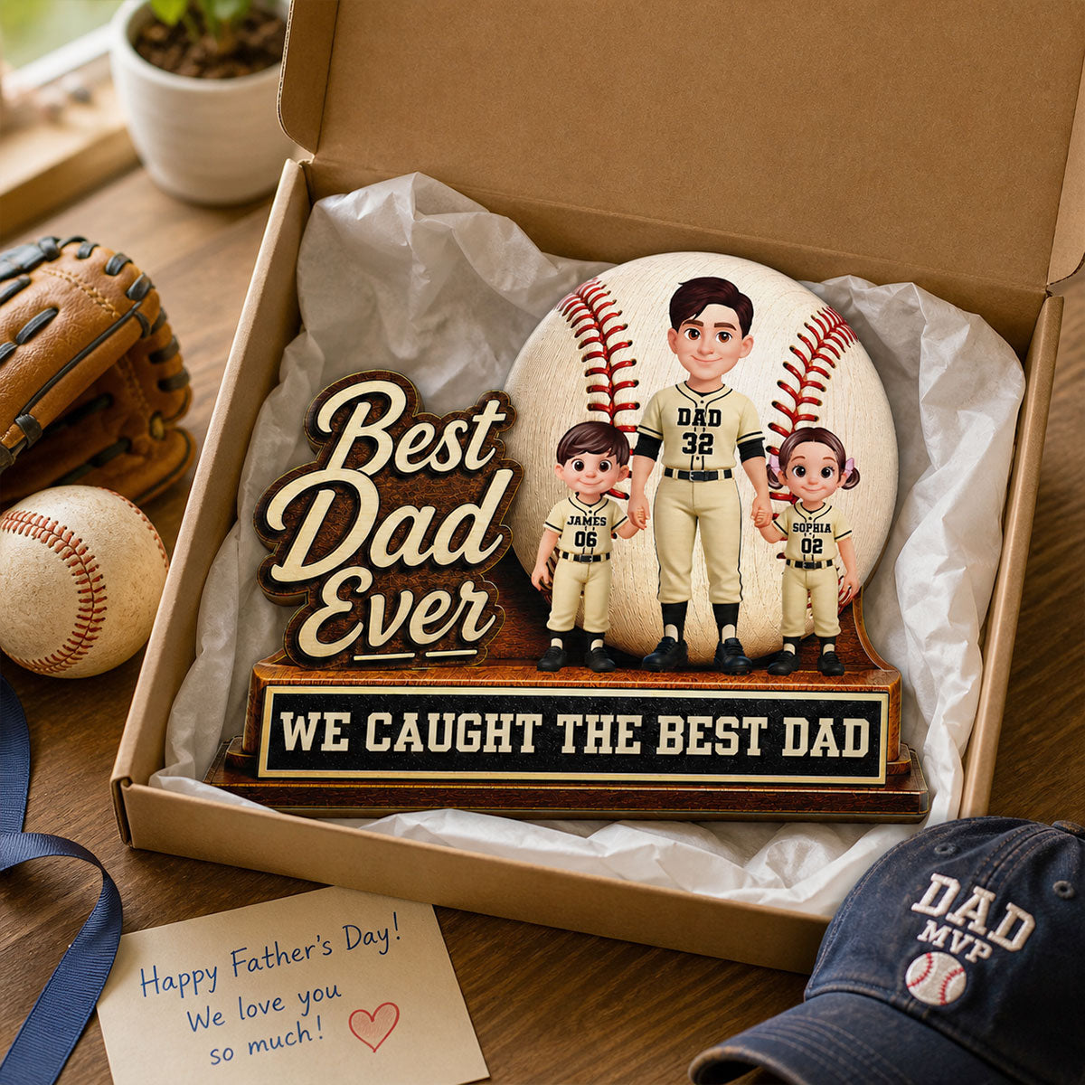 We Caught The Best Dad Dad & Kids - Personalized 2-Layered Wooden Plaque - Happy For Baseball Softball Dad