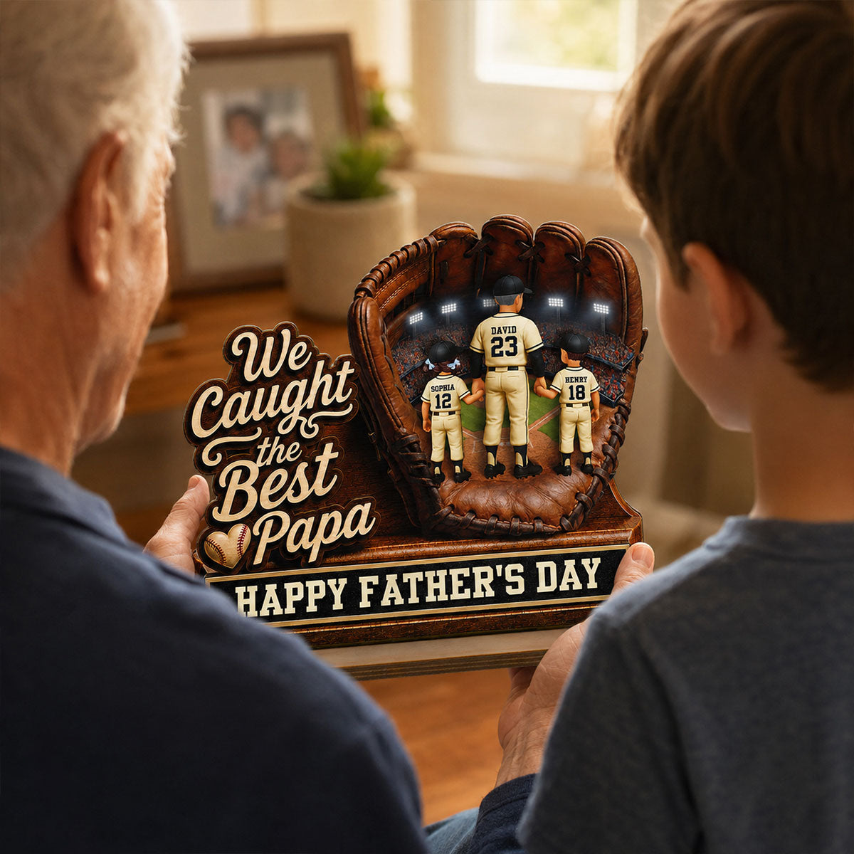 We Caught The Best Grandpa Man & Kids In Glove - Personalized 2-Layered Wooden Plaque - Happy For Baseball Grandpa