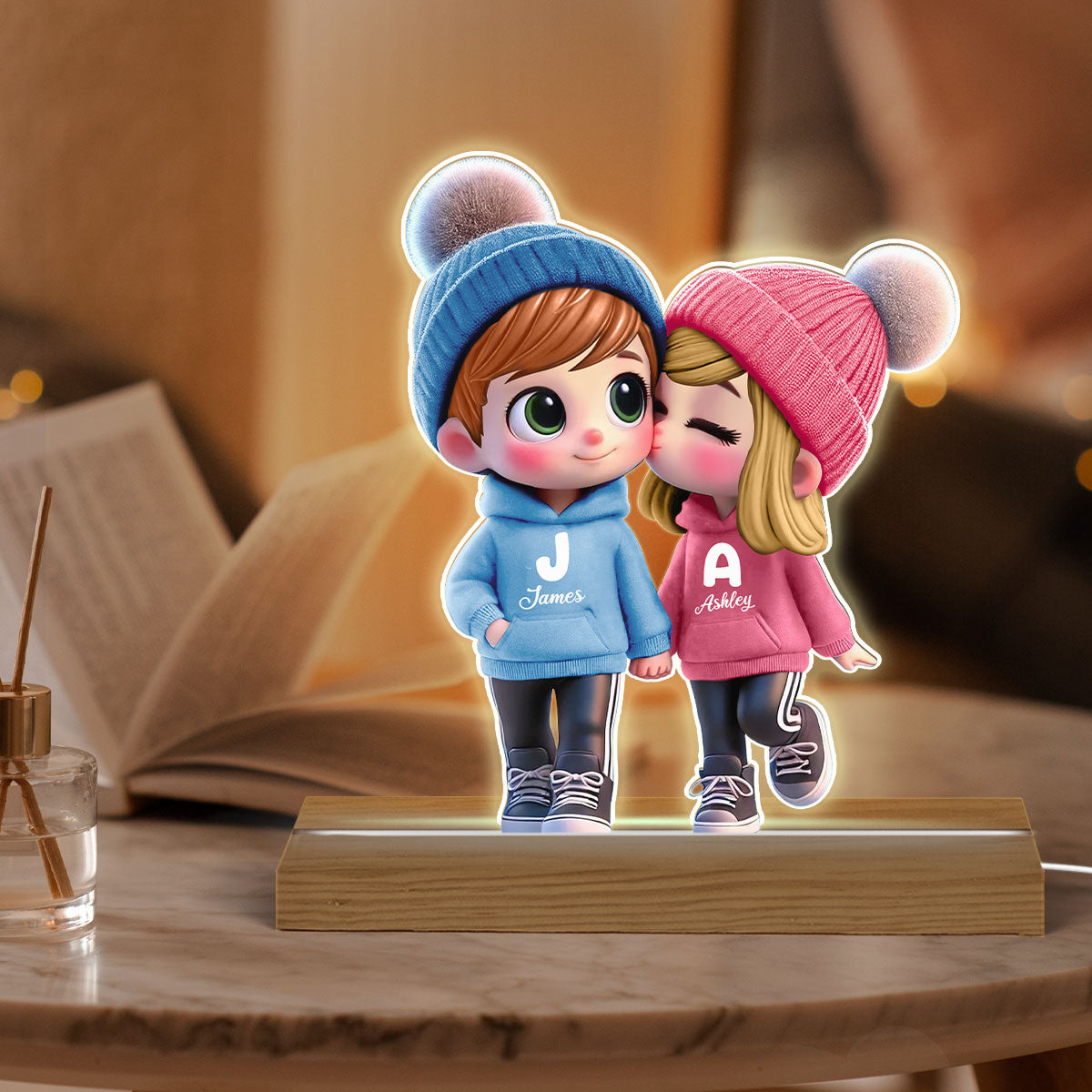 3D Effect Cute Cartoon Couple Walking Personalized Custom Shaped LED Night Light, Gift for Him, Gift for Her
