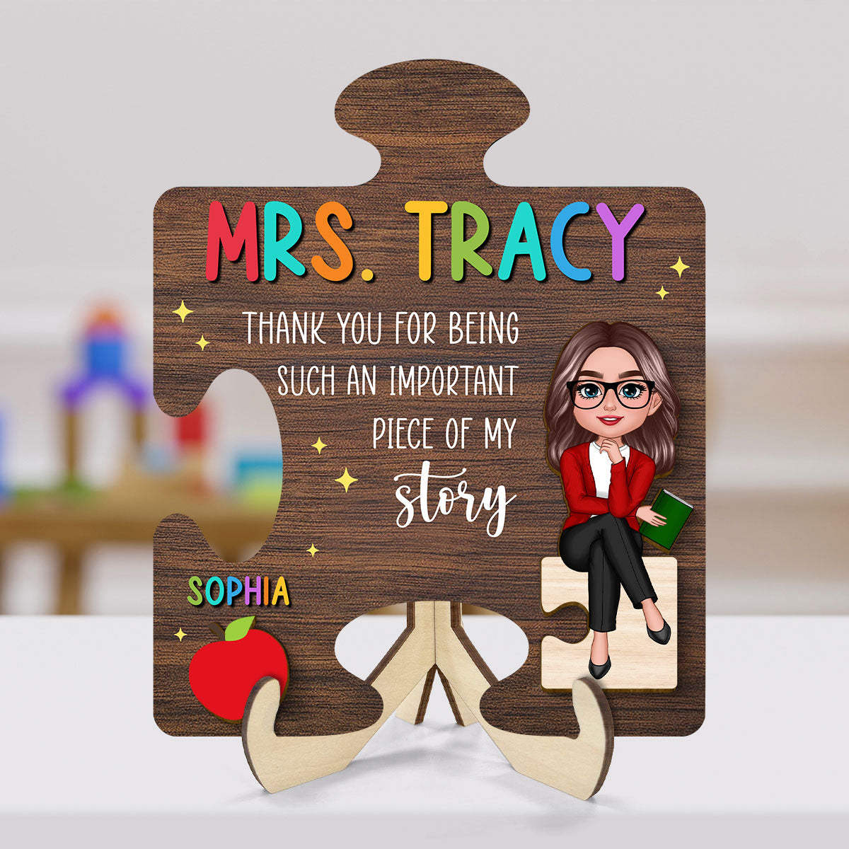 Teacher Thank You For Being Important Piece Of My Story Personalized 2-Layer Wooden Plaque