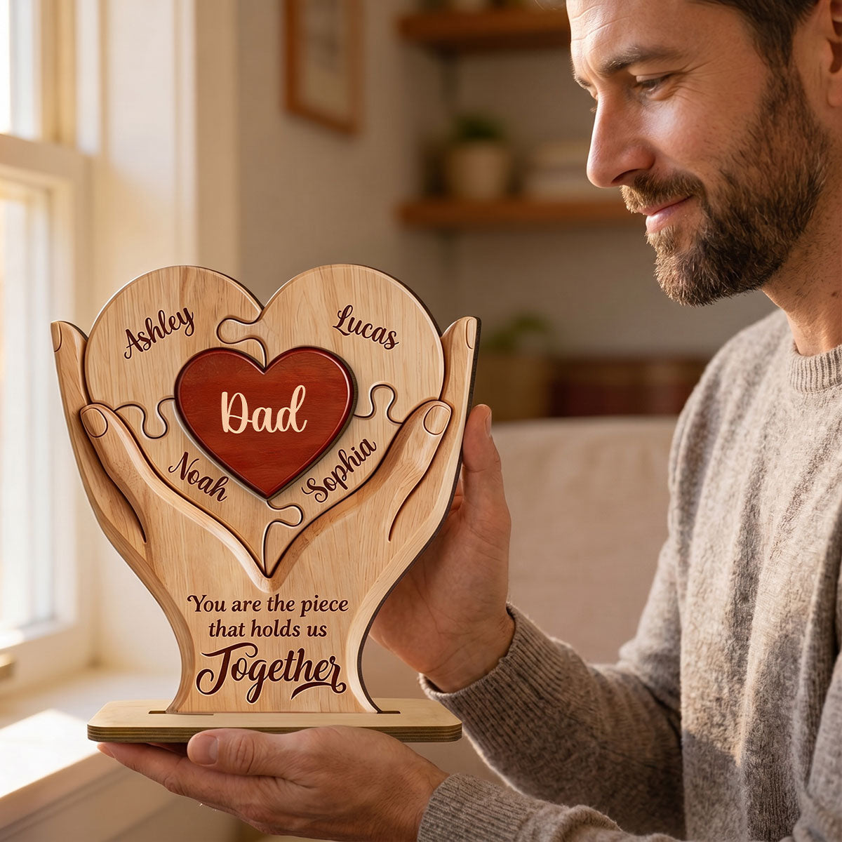 Dad The Piece That Holds Us Together - Personalized 2-Layered Wooden Plaque - Gift for Dad, Husband