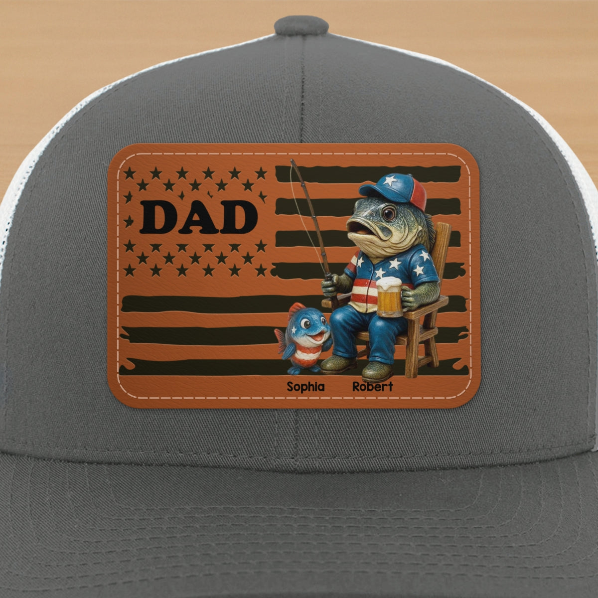 Fishing Dad Nation Flag Personalized Leather Patch Hat, Father's Day gift