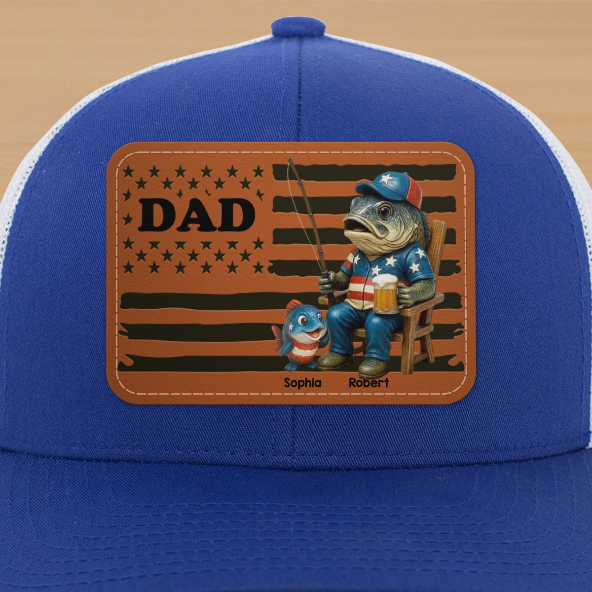 Fishing Dad Nation Flag Personalized Leather Patch Hat, Father's Day gift