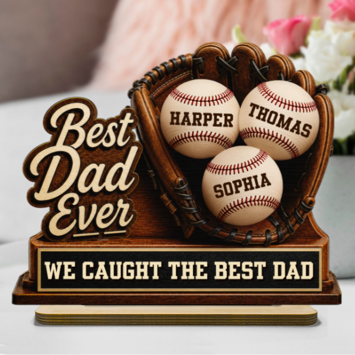 We Caught The Best Dad Baseball Glove - Personalized 2-Layered Wooden Plaque - Happy For Baseball Dad