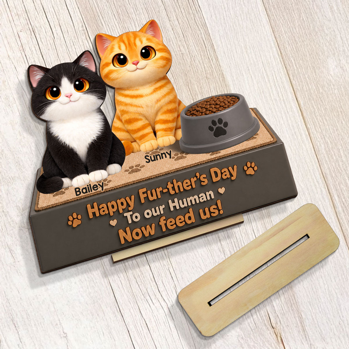 Cute Fluffy Cats Happy Fur-ther's Day Human - Personalized 2-Layered Wooden Plaque - Funny Gift For Cat Dad, Cat Lovers