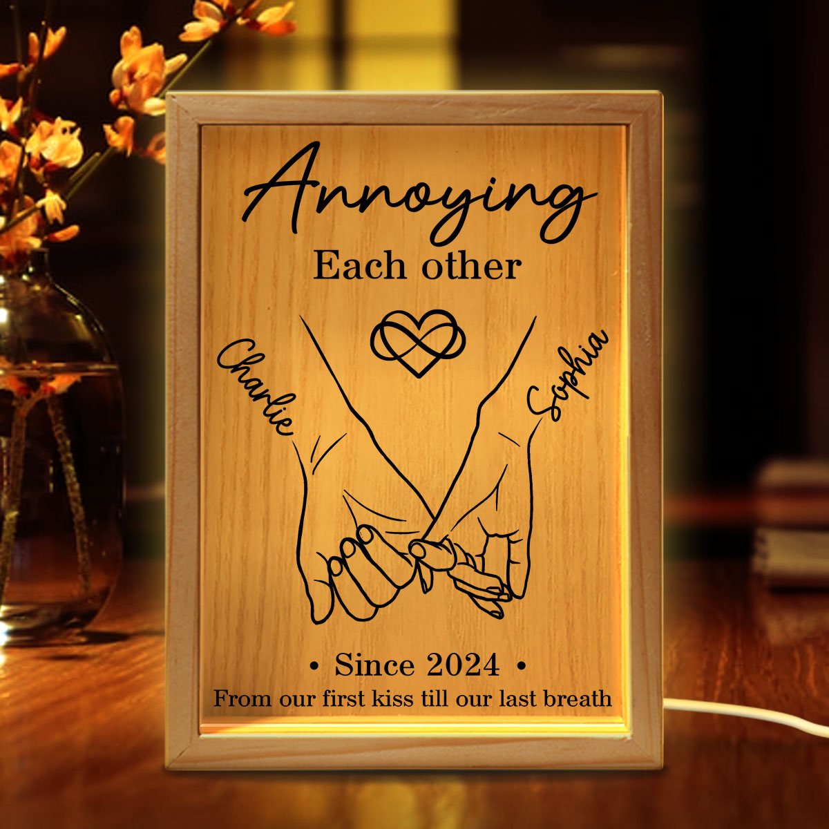 Couple Hand in Hand Outline Gift Personalized Wooden Frame LED Light Box