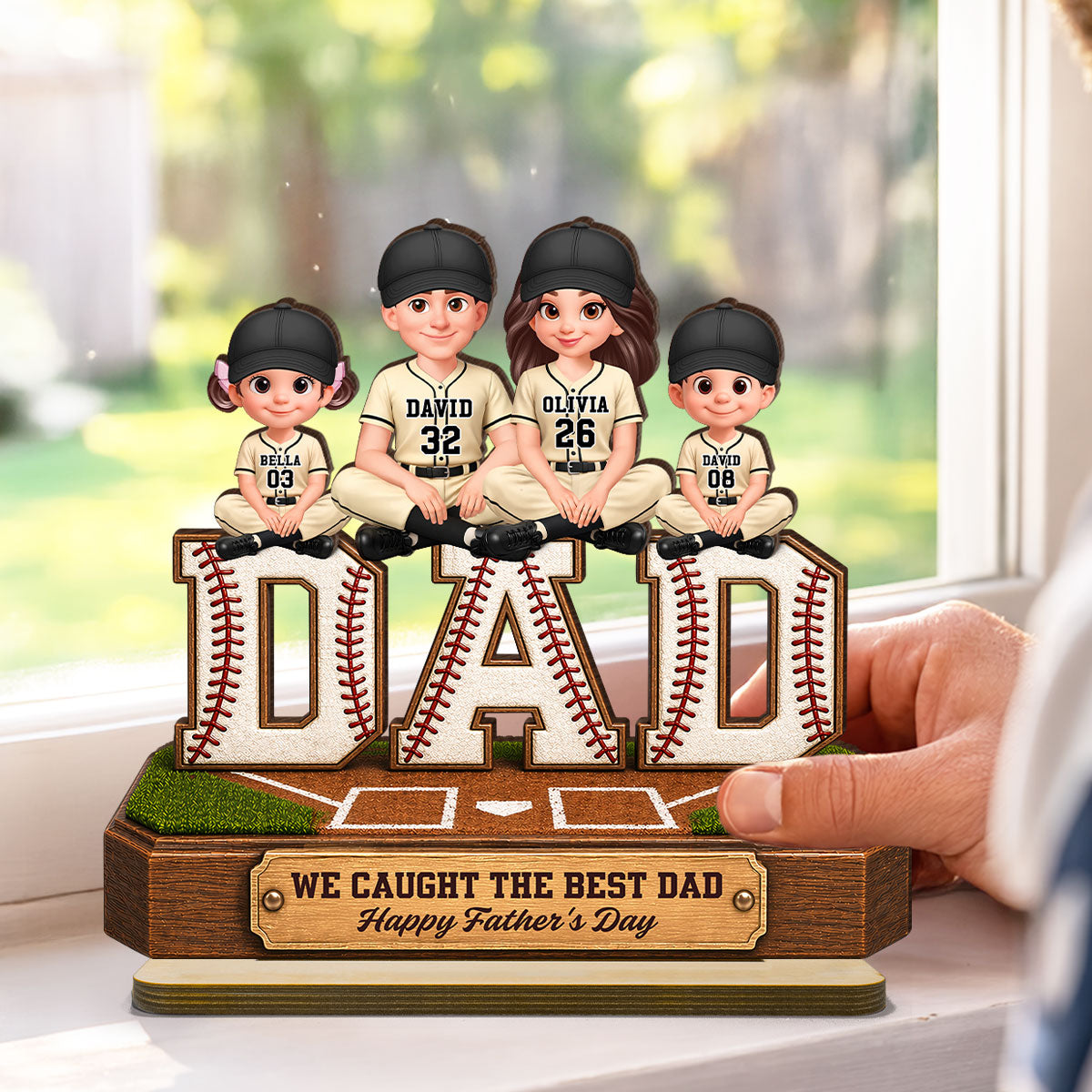 Baseball DAD We Caught The Best Dad - Personalized 2-Layered Wooden Plaque - Gift For Dad