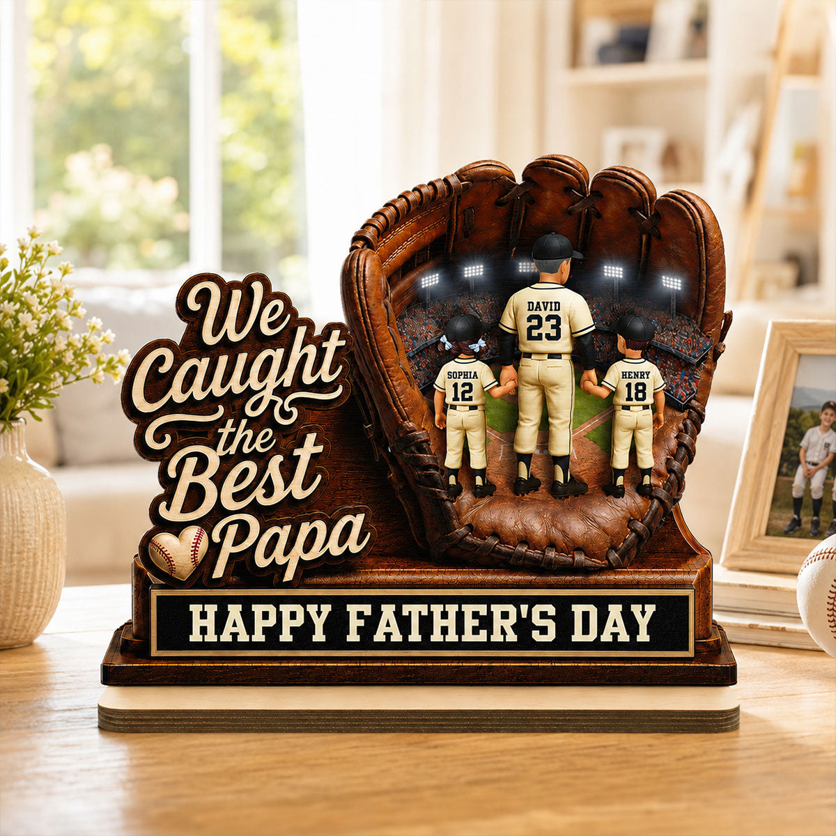 We Caught The Best Grandpa Man & Kids In Glove - Personalized 2-Layered Wooden Plaque - Happy For Baseball Grandpa