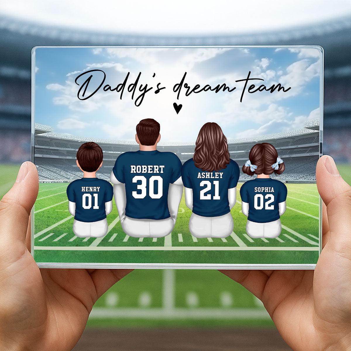 Daddy's Team Football Family Sitting Back View Personalized Acrylic Block, Gift