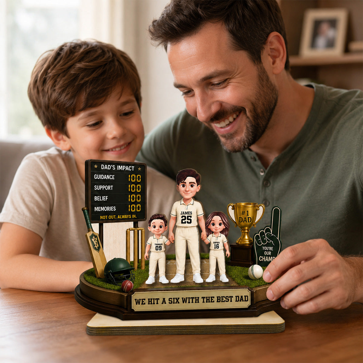 Hit A Six With The Best Dad Cricket Dad & Kids - Personalised 2-Layered Wooden Plaque - Gift For Husband, Dad