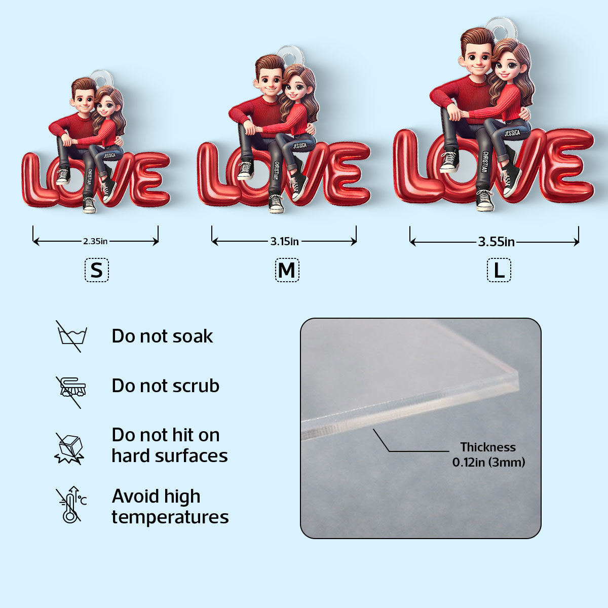 3D Effect Couple Sitting On LOVE Personalized Acrylic Keychain, gift, Anniversary Gift for Couples