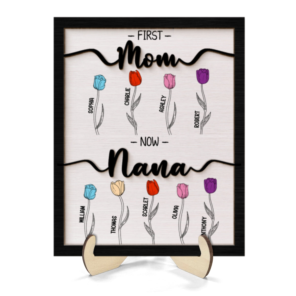 First Mom Now Grandma Tulip Flowers Personalized 2-Layer Wooden Plaque, Birthday Gift, Anniversary GiftFor Grandma
