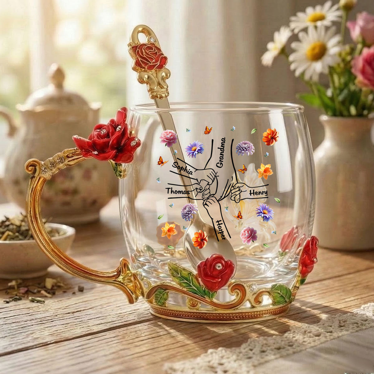 Grandma Mom Holding Kids Hands Birth Month Flowers - Personalized Enamel Flower Tea Cup - Gift For Grandma, Mom