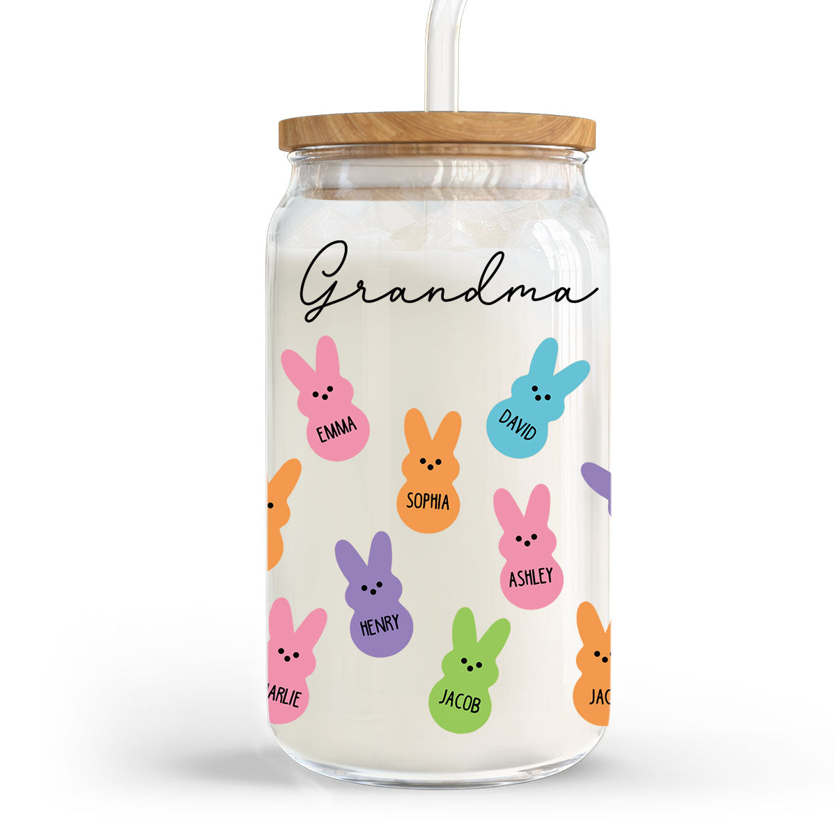 Grandma Mom Auntie Bunnies Easter Gift Personalized Clear Glass Can