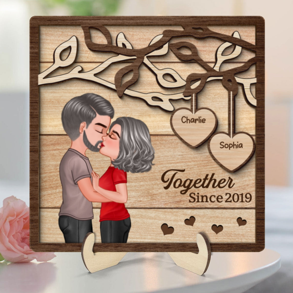 Couple Kissing Under Tree Gift For Her Gift For Him Personalized 2-Layer Wooden Plaque