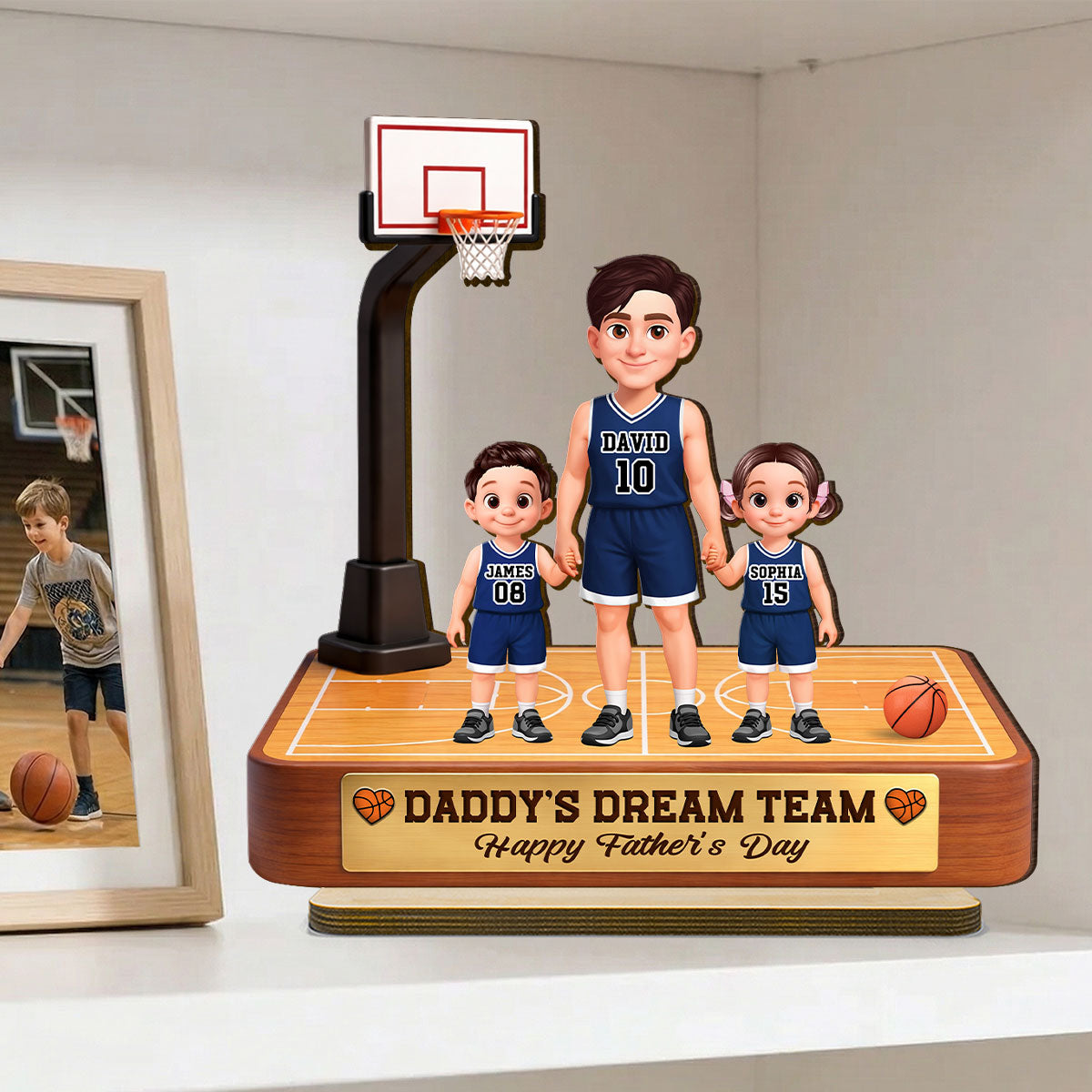 Basketball Daddy's Dream Team - Personalized 2-Layered Wooden Plaque - Gift For Dad, Husband