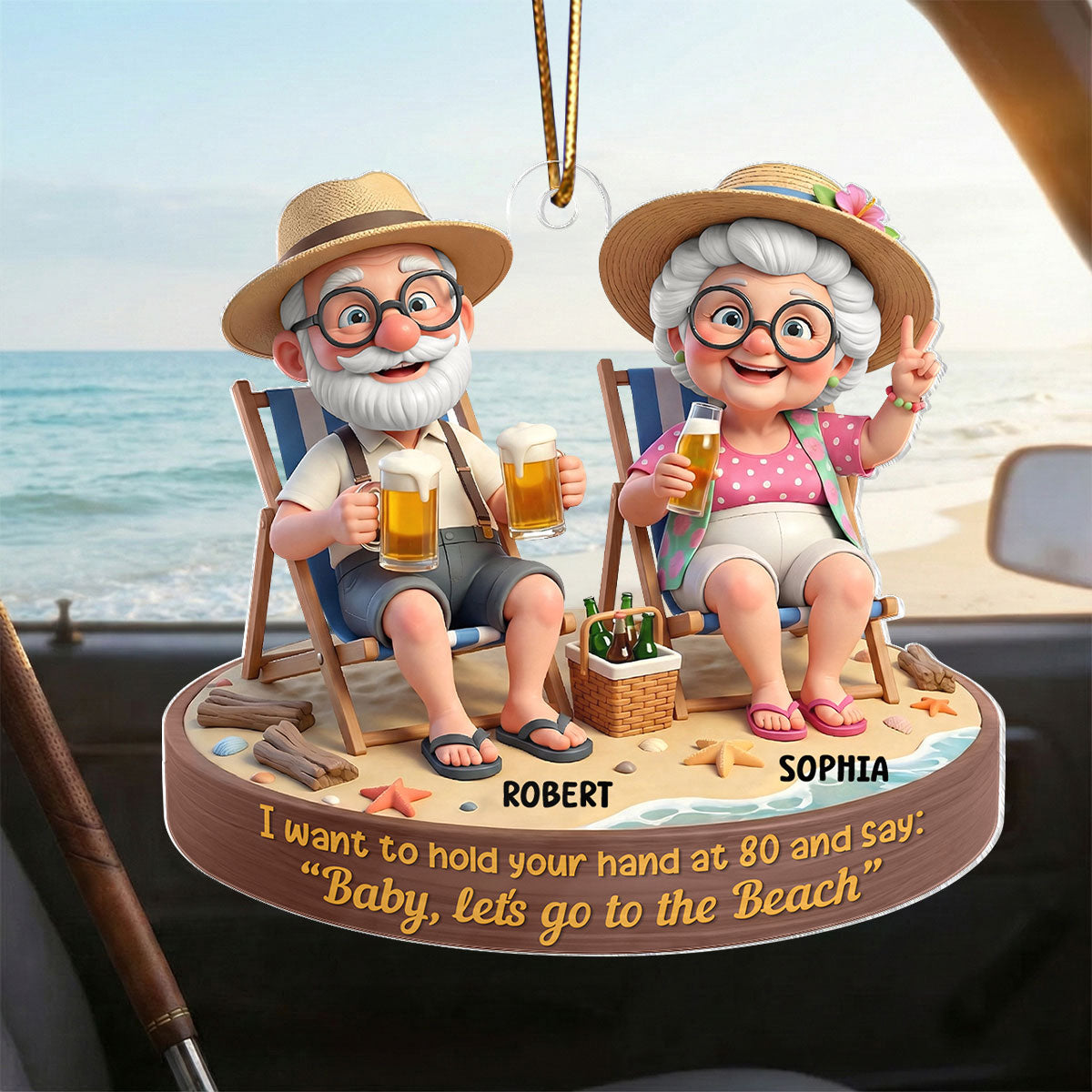 3D Effect Old Couple Baby Let's Go to the Beach - Personalized Acrylic Car Hanger - Sentimental Gift for him, for her