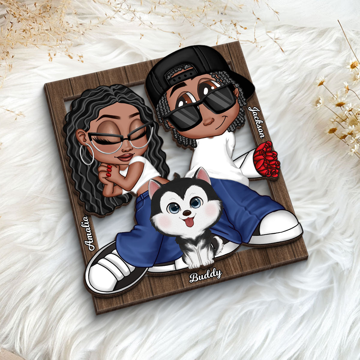 Y2K Couple Dogs Cats Frame Personalized 2-layer Wooden Plaque, Gift for Him, Gift for Her