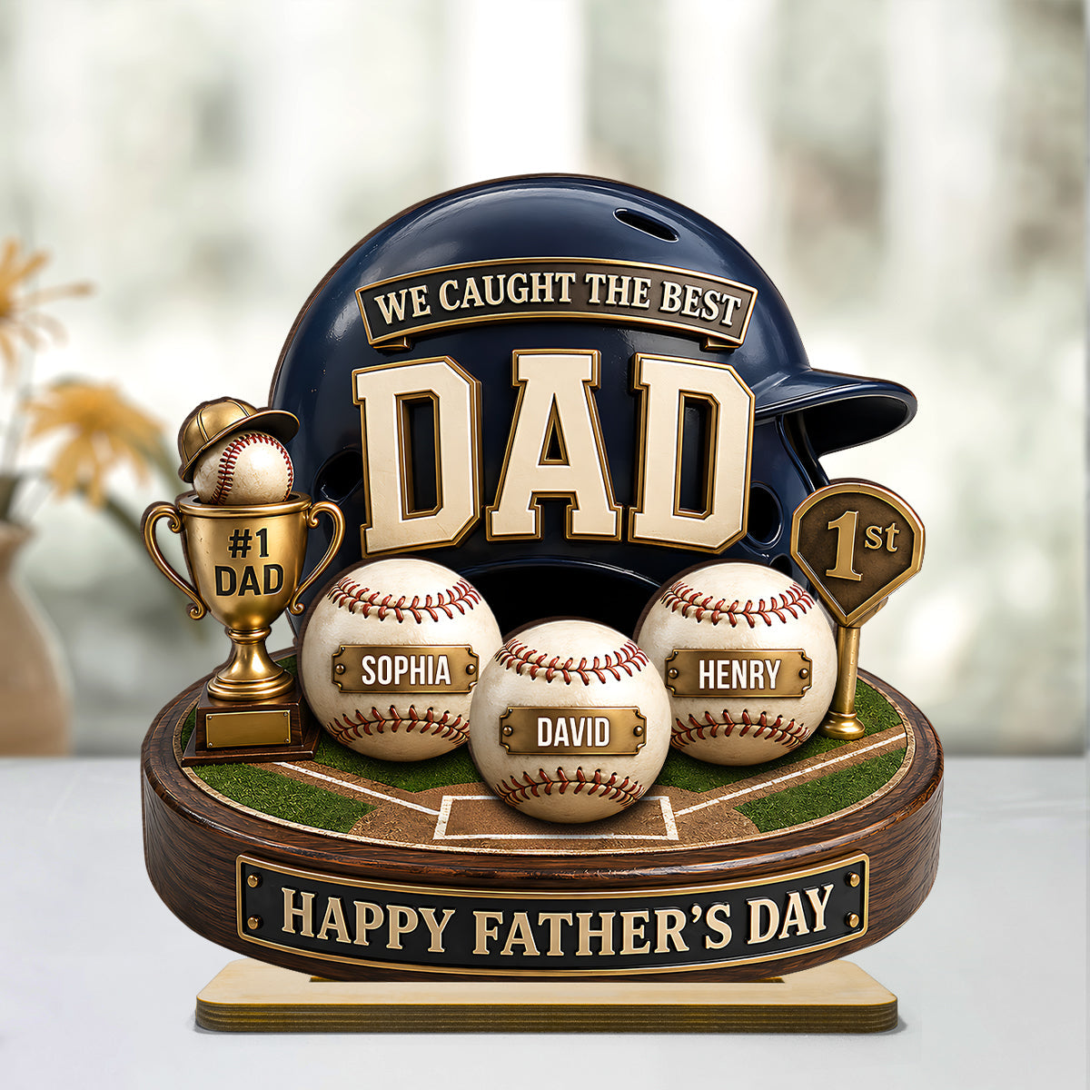Baseball Trophy We Caught The Best Dad - Personalized 2-Layered Wooden Plaque - Gift For Dad, Husband