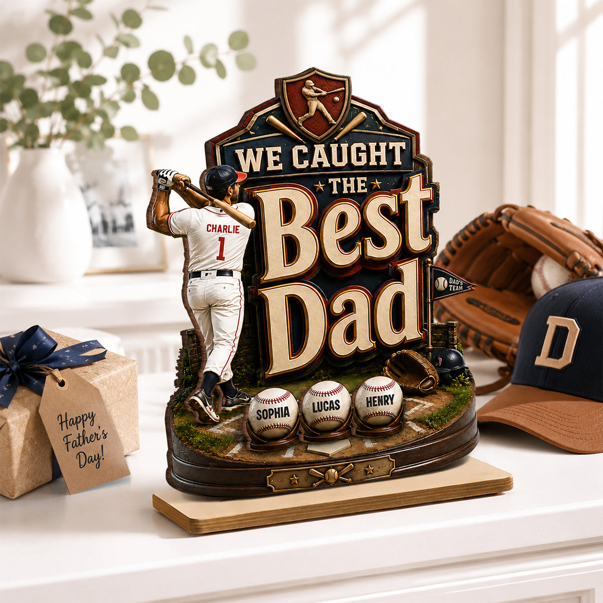 Baseball Dad & Kids We Caught The Best Dad - Personalized 2-Layered Wooden Plaque - Gift For Baseball Dad, Husband